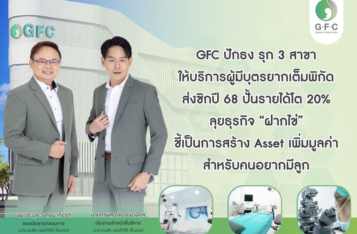GFC ปักธง รุก 3 สาขา ให้บริการผู้มีบุตรยากเต็มพิกัดส่งซิกปี 68 ปั้นรายได้โต 20% ประกาศลุยธุรกิจ “ฝากไข่”ชี้เป็นการสร้าง Asset เพิ่มมูลค่าสำหรับคนอยากมีลูก
